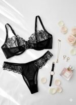 ست توری گیپوری گلدار مشکی دانلا