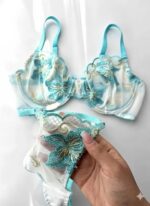 ست لباس زیر گیپوری فنردار دانلا رنگ فیروزه ای کاپ سی - Image 3