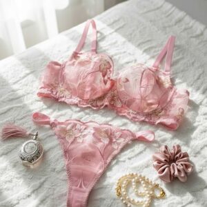 ست گیپوری فنردار دانلا رنگ صورتی گلدار