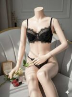 ست لباس زیر دانتل مژه ای فنردار رویه نگینی با جک پهلو زیر کاپ - Image 2